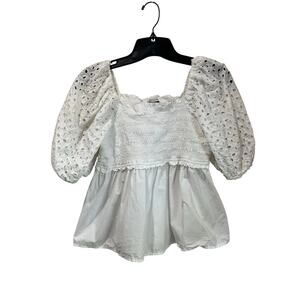American Eagle Puff Sleeve Babydoll White Eyelet Smocked Blouse Size S